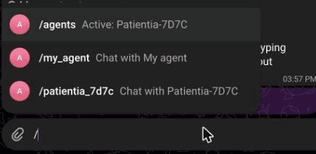 Telegram's command menu listing /agents and one command per agent