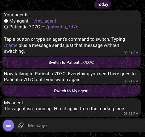 A full Telegram conversation showing the roster, a switch, and a labeled reply