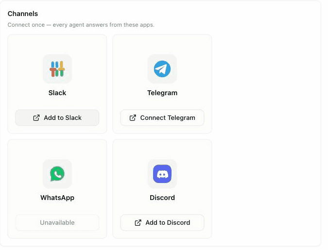 The Channels panel on an agent page with the Add to Slack button