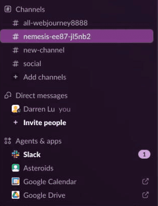 Slack sidebar showing the agent's dedicated channel